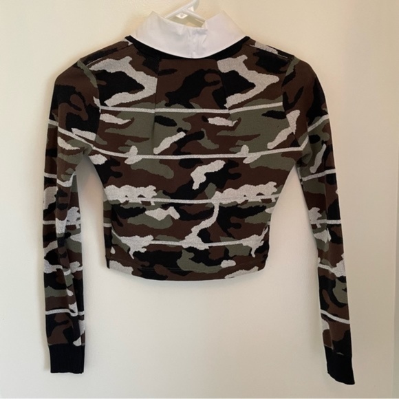 NWOT VERONICA BEARD Alpha Striped Metallic Camo Jacquard Cropped Sweater, Green - Picture 2 of 4